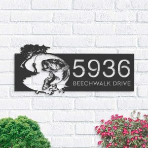 Personalized Bass Fishing Fisherman V2 Address Sign House Number Plaque Custom Metal Sign