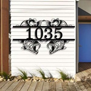 Personalized Bass Fishing Modern Address Sign House Number Plaque Custom Metal Sign