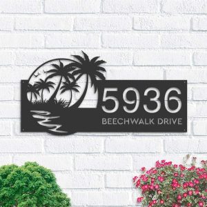 Personalized Beach Scene Summer Palm Tree Address Sign House Number Plaque Custom Metal Sign