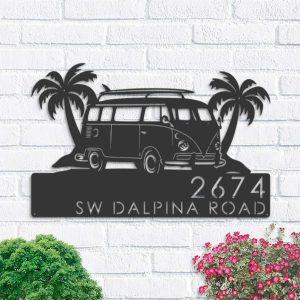 Personalized Beach Van Summer Palm Tree Camping Address Sign House Number Plaque Custom Metal Sign