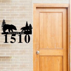 Personalized Bear Couple Camping Forest Address Sign House Number Plaque Custom Metal Sign