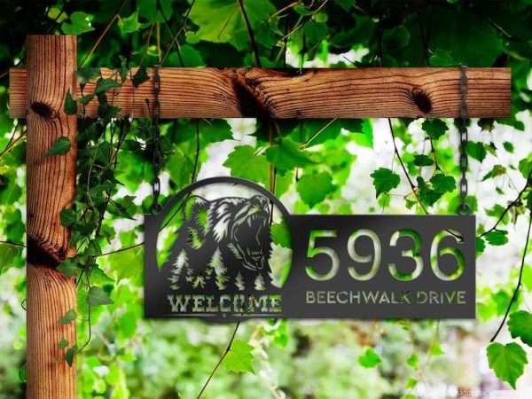 Personalized Bear Forest Scene Wild Life Animal Welcome Address Sign House Number Plaque Custom Metal Sign