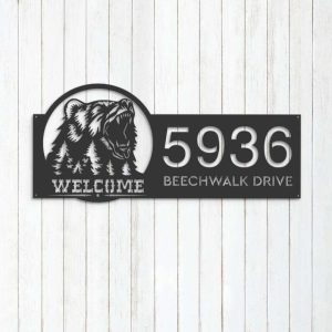 Personalized Bear Forest Scene Wild Life Animal Welcome Address Sign House Number Plaque Custom Metal Sign