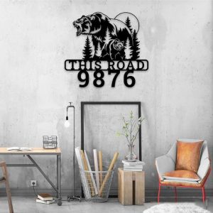 Personalized Bear Forest Sunset Address Sign House Number Plaque Custom Metal Sign