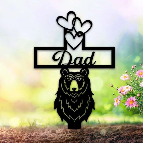 Personalized Bear Head With Hearts Memorial Sign Yard Stakes Hunter Grave Marker Cemetery Decor Custom Metal Sign