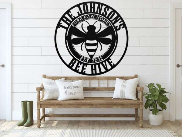 Personalized Bee Garden Pure Raw Honey Bee Hive Decorative Custom Metal Sign Housewarming Gift