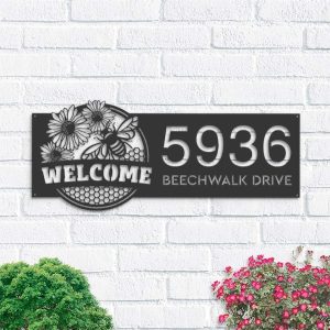 Personalized Bee Hive Honeycomb Farmhouse Farm Ranch Welcome Address Sign House Number Plaque Custom Metal Sign