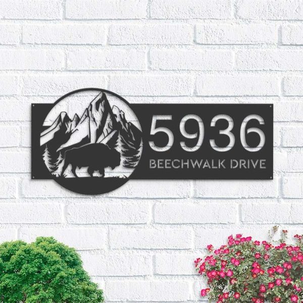 Personalized Bison Buffalo on Mountain Address Sign House Number Plaque Custom Metal Sign