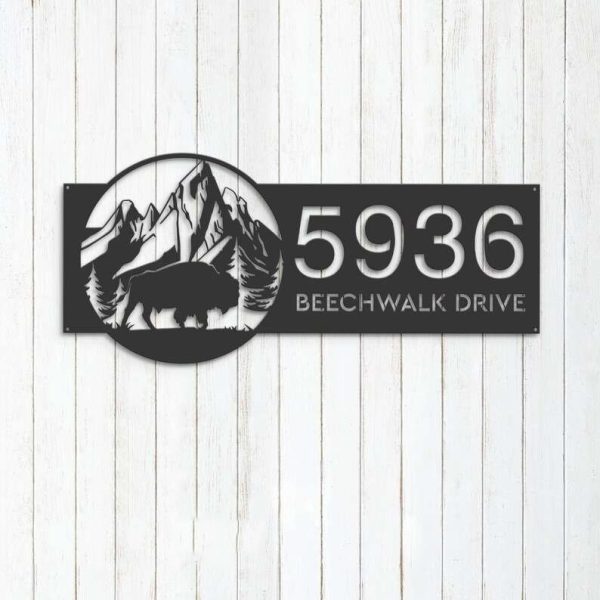 Personalized Bison Buffalo on Mountain Address Sign House Number Plaque Custom Metal Sign