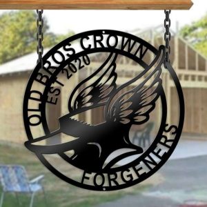 Personalized Blacksmith Flame Anvil and Hammer Forge Old Bros Crown Custom Metal Sign