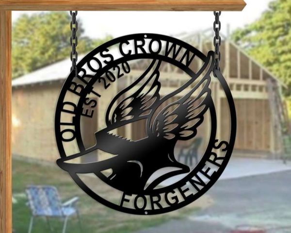 Personalized Blacksmith Flame Anvil and Hammer Forge Old Bros Crown Custom Metal Sign