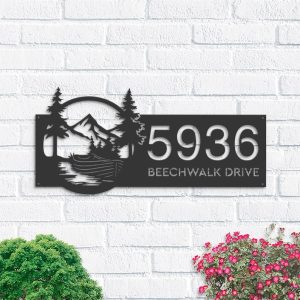 Personalized Boat on River Mountain Forest Wild Scene Lake House Address Sign House Number Plaque Custom Metal Sign