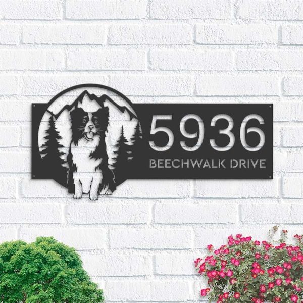 Personalized Border Collie Dog Mountain Scene Address Sign House Number Plaque Custom Metal Sign