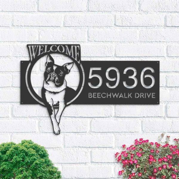 Personalized Boston Terrier Dog Welcome Address Sign House Number Plaque Custom Metal Sign