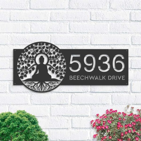 Personalized Buddha Tree of Life Address Sign House Number Plaque Custom Metal Sign