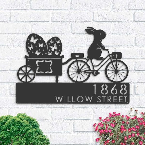 Personalized Bunny Easter Eggs Trailer Rabbit Address Sign House Number Plaque Custom Metal Sign