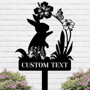 Personalized Bunny With Flowers Garden Yard Stakes Memorial Decorative Custom Metal Sign
