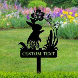 Personalized Bunny With Flowers Garden Yard Stakes Memorial Decorative Custom Metal Sign 2