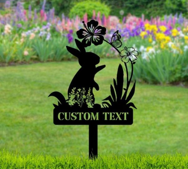 Personalized Bunny With Flowers Garden Yard Stakes Memorial Decorative Custom Metal Sign