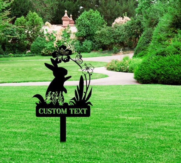 Personalized Bunny With Flowers Garden Yard Stakes Memorial Decorative Custom Metal Sign