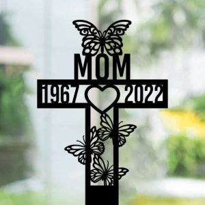 Personalized Butterfly Cross Memorial Sign Yard Stakes Mom Grave Marker Cemetery Decor Custom Metal Sign