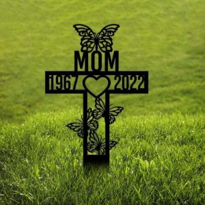 Personalized Butterfly Cross Memorial Sign Yard Stakes Mom Grave Marker Cemetery Decor Custom Metal Sign