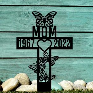 Personalized Butterfly Cross Memorial Sign Yard Stakes Mom Grave Marker Cemetery Decor Custom Metal Sign 3