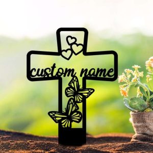 Personalized Butterfly Memorial Cross Sign Garden Yard Stakes Grave Marker Cemetery Decor Custom Metal Sign