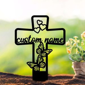 Personalized Butterfly Memorial Cross Sign Garden Yard Stakes Grave Marker Cemetery Decor Custom Metal Sign 1