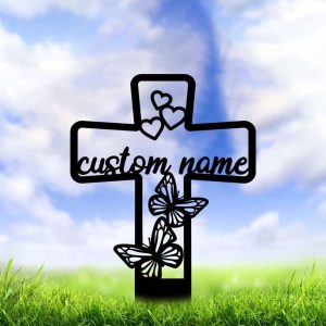 Personalized Butterfly Memorial Cross Sign Garden Yard Stakes Grave Marker Cemetery Decor Custom Metal Sign 2