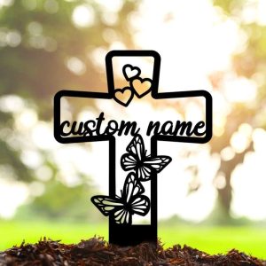 Personalized Butterfly Memorial Cross Sign Garden Yard Stakes Grave Marker Cemetery Decor Custom Metal Sign 3