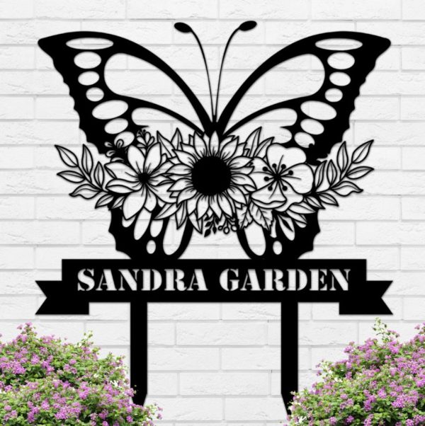 Personalized Butterfly With Flowers Garden Decorative Custom Metal Sign