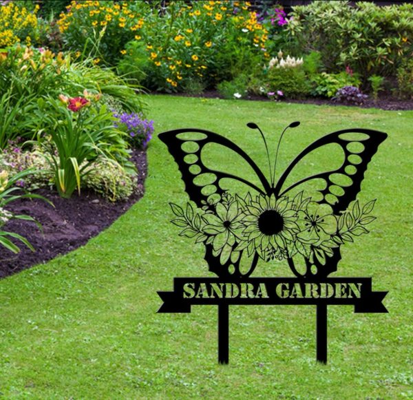 Personalized Butterfly With Flowers Garden Decorative Custom Metal Sign