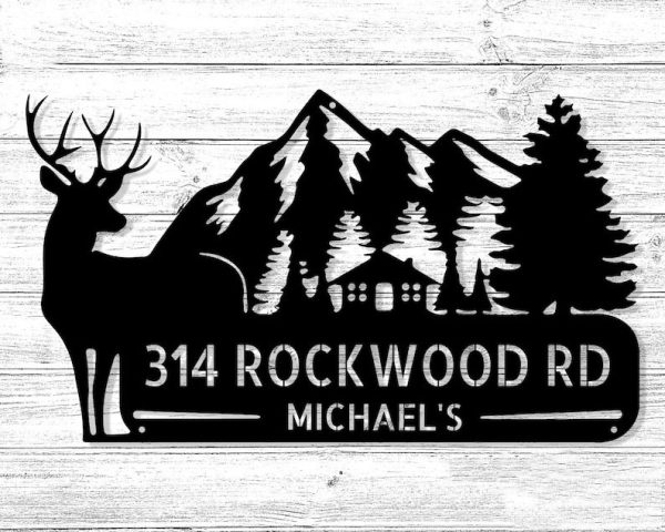 Personalized Cabin Home Deer Woods Mountains Cottage Lake House Decor Address Sign House Number Plaque Custom Metal Sign