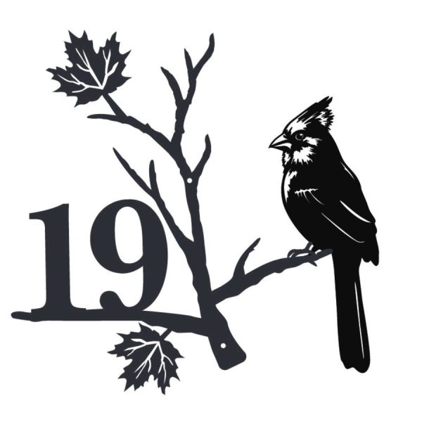 Personalized Cardinal Perched on a Maple Leaf Branch Address Sign House Number Plaque Custom Metal Sign