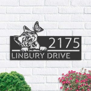 Personalized Cat Curious Kitten with Butterfly Address Sign House Number Plaque Custom Metal Sign 1