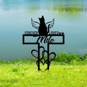 Personalized Cat Forever Loved Memorial Sign Yard Stakes Pet Grave Marker Cemetery Decor Custom Metal Sign 4