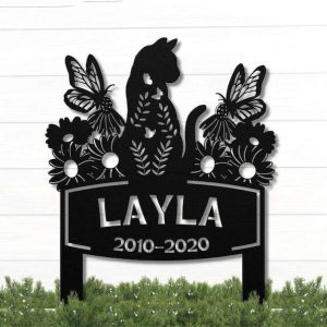 Personalized Cat Garden Flower and Butterfly Memorial Sign V1 Yard Stakes Cat Grave Marker Cemetery Decor Custom Metal Sign