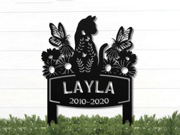 Personalized Cat Garden Flower and Butterfly Memorial Sign V1 Yard Stakes Cat Grave Marker Cemetery Decor Custom Metal Sign