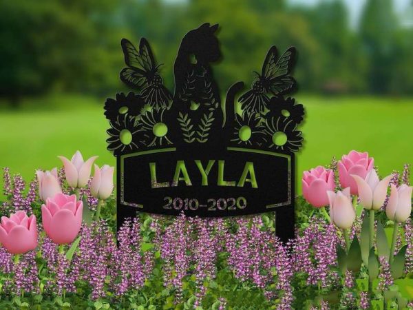 Personalized Cat Garden Flower and Butterfly Memorial Sign V1 Yard Stakes Cat Grave Marker Cemetery Decor Custom Metal Sign