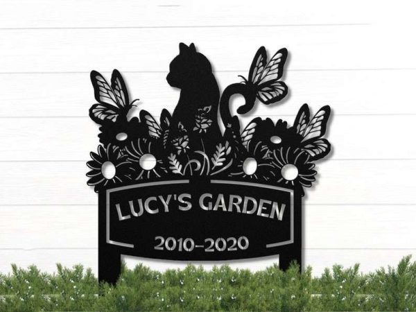 Personalized Cat Garden Flower and Butterfly Memorial Sign V2 Yard Stakes Cat Grave Marker Cemetery Decor Custom Metal Sign