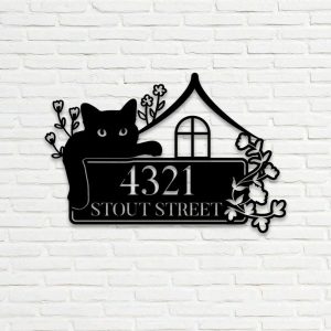 Personalized Cat House Flower Address Sign House Number Plaque Custom Metal Sign 2 1