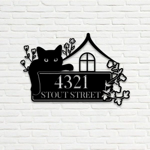 Personalized Cat House Flower Address Sign House Number Plaque Custom Metal Sign