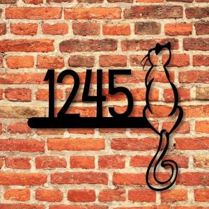 Personalized Cat Sitting on Address Sign House Number Plaque Custom Metal Sign 1