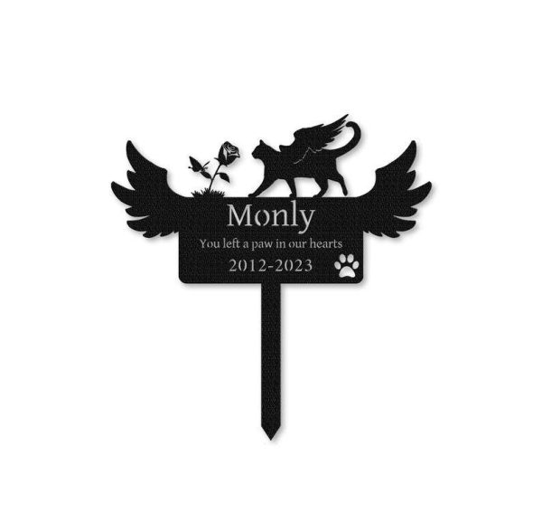 Personalized Cat Wing Memorial Sign You Left a Paw in Our Heart Yard Stakes Grave Marker Cemetery Decor Custom Metal Sign