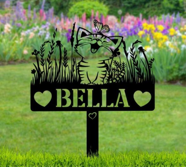 Personalized Cat With Butterfly Memorial Garden Yard Stake Decorative Custom Metal Sign