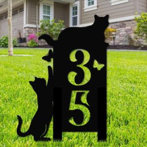 Personalized Cat Yard Stakes Address Sign Cat Playing with Butterfly House Number Plaque Custom Metal Sign