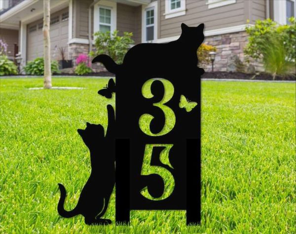 Personalized Cat Yard Stakes Address Sign Cat Playing with Butterfly House Number Plaque Custom Metal Sign