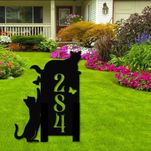 Personalized Cat Yard Stakes Address Sign Cat Playing with Butterfly House Number Plaque Custom Metal Sign 3