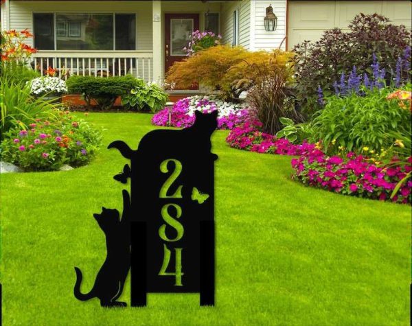 Personalized Cat Yard Stakes Address Sign Cat Playing with Butterfly House Number Plaque Custom Metal Sign